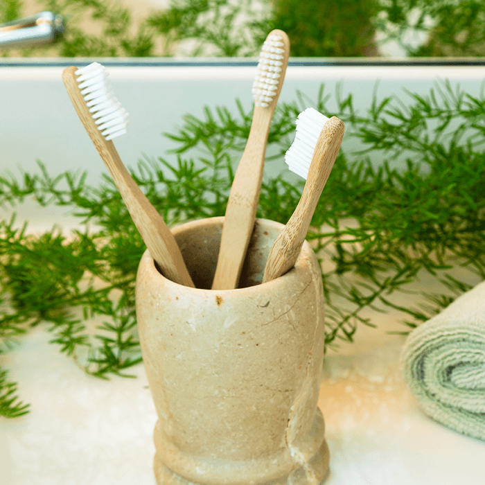 Toothbrushes in a clay cup